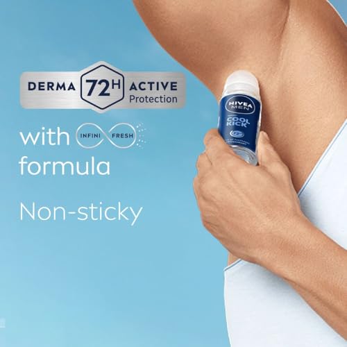 Image of NIVEA MEN Deodorant Underarm Roll On, Cool Kick| 72 H Anti-Perspirant Protection| Long Lasting Freshness with cooling mint Extracts | 0% Alcohol | Dermat Approved| 50ml