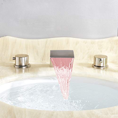 Senlesen Commercial 3 Holes Two Handles Lavatory Vanity Sink LED Waterfall Spout Widespread Bathroom Sink Faucet Brushed Nickel