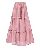 BTFBM Spring Women's Boho Elastic High Waist Pleated A-Line Flowy Swing Tiered Maxi Long Skirt Dress(Pink,Large)