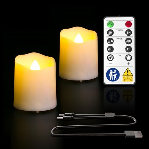 PChero 2pz Candele LED Ricaricabili Senza Fiamma con Timer Remoto Lume di Candela A Batteria Sfarfallio con Cavo di Ricarica USB per Casa Festival Decorazioni per Feste di Natale - Bianco Caldo