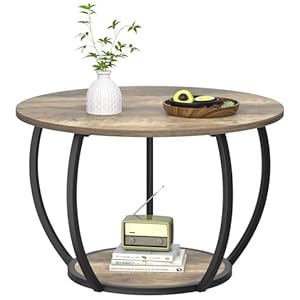 GreenForest Coffee Table Round for Living Room, 27.6 inch 2 Tier Small Tea Tables with Storage, Farmhouse Center Table with Adjustable Feet, Grey Wash