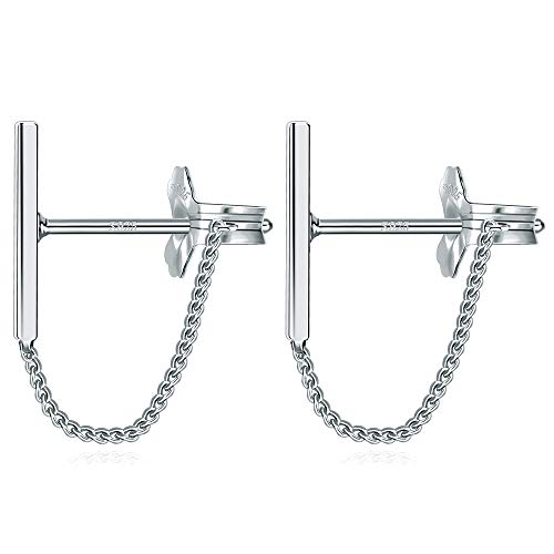 925 Sterling Silver Bar Chain Earrings - Dangle Chain Earrings Piercing Mini Bar Earrings Stud for Women Girls Dainty Hypoallergenic Bar Earrings Vertical Straight Minimalist Silver Stud Bar Earrings
