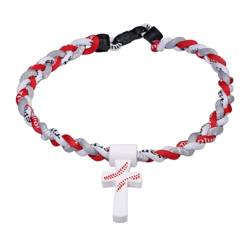 Veitlyn Baseball Rope Necklace with Silicone Cross (Red-Gray-White 16 inches)
