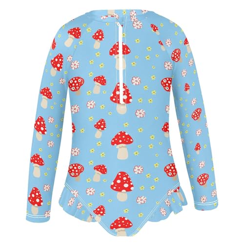 Red Mushroom Flowers Girls Long Sleeve Rashguard Swimsuit UV Protection One-Piece Swimwear Bathing Suit B04051532