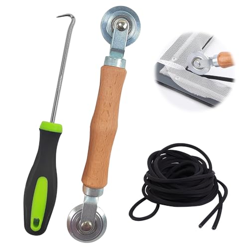 Riisoyu Fensterfliegengitter Reparatur Werkzeug, Doppelrad Dichtungseinroller mit Holzgriff 15m x 5mm Gummi Kederband Einzieher Einroller für Keder Spline Roller für Fliegengitter Insektenschutz (3)