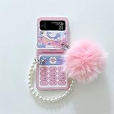Cute Cartoon Case for Galaxy Z Flip 3 for Grils, Pearl Strap Case for Z Flip 3 with Pompon, Women Wr
