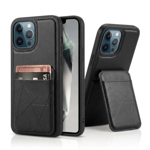 Image of amazon basics Premium Vegan Leather Back Cover with Card Holder and Integrated Mobile Stand for iPhone 12 Pro Max - Slim Shockproof Wallet Case with Geometric Stitching [Black]