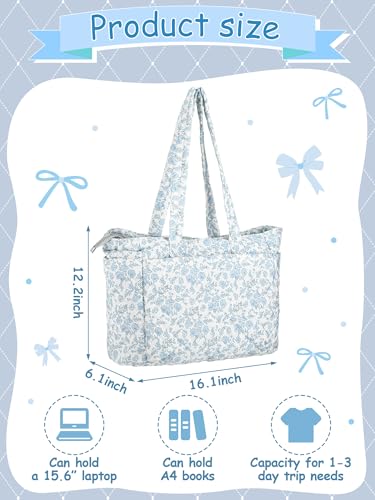 Bolso tote azul floral con lazo rosa acolchado miniatura 3