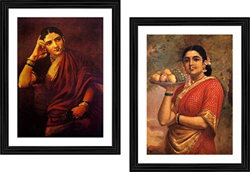 Image of Adventures� *Maharashtrian Women*- Two Paintings by Raja Ravi Varma, Set of 2 Wall D�cor Frames. Matt Satin Print with MDF & 1 inchPS Black Frame. Size 14 inchx18 inch each.