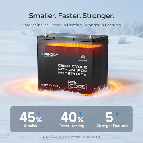 Image of Renogy 12V Lithium Battery 100Ah Self Heating LiFePO4 Battery, 5000+ Deep Cycles Group 22NF 100A BMS IP65 Waterproof for Icefishing Solar System Camper RV Trolling Motor Boat 2 Pack