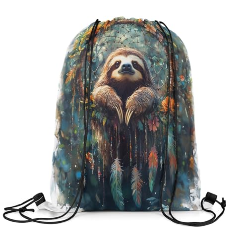 Erosebridal Sloth Drawstring Backpack 13x15.7 Dream Catchers Drawstring Bags Boho Floral Feather Draw String Back Bag Woodland Animals String Backpack Exotic Bohemian Decor2