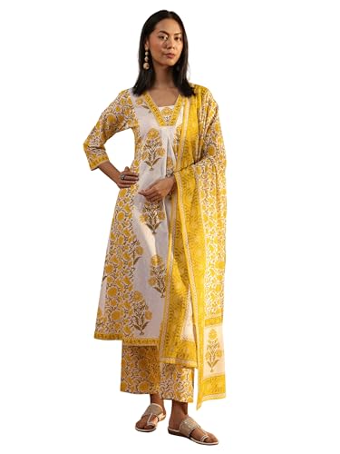 Image of Libas Printed Cotton A Line Kurta With Trouser and Dupatta | daily wear suit