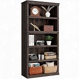 Garvee Landhausstil Bücherregal aus Massivholz – 5 Ebenen – Robustes Standregal mit offenen Fächern – Viel Stauraum für Wohnzimmer, Schlafzimmer oder Büro – Maße: 80x32x171,2 cm – Farbe: Dunkle Eiche