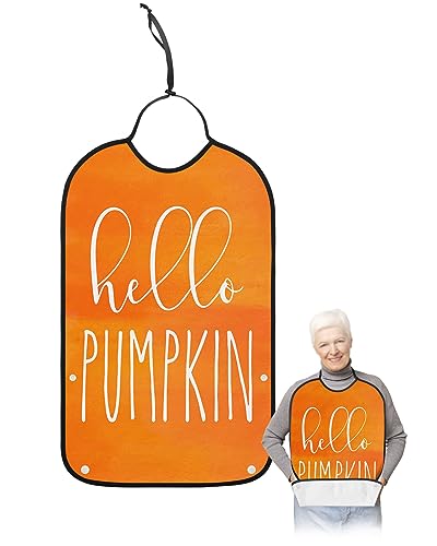 Jolunifun Thanksgiving Adult Bib for Adults Men, Women, Washable & Adjustable Terry Cloth Bib with Crumb Catcher Reusable Waterproof Clothing Clothes Protector Apron Burnt Orange Pumpkin Festival