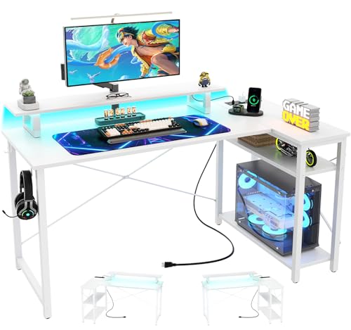 iSunirm L-förmiger Gaming-Schreibtisch mit LED-Beleuchtung und Steckdosen, Computertisch mit Ablagefächern, wendbarer Eckschreibtisch mit Monitorständer zum Lernen, 120 x 70 cm, weiß