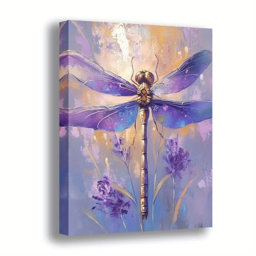Elegante lienzo floral de libélula morada moderna en formato 40x50cm 2