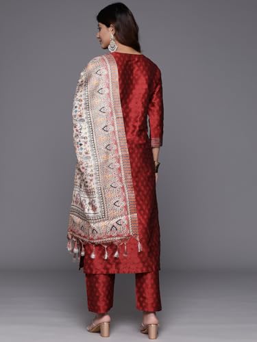 Image of Varanga Women Embroidered Straight Kurta Pant Set with Dupatta | Silk Blend Fabric | 3 /4 Sleeve Round Neck | Lightweight Comfortable Summer Wear