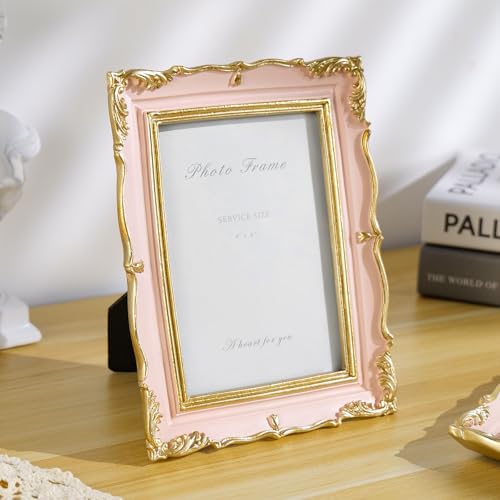 4x6 Vintage Picture Frame Pink and Gold Photo Frame, 4 by 6 Picture Frames Ornate Textured Hand-Crafted Resin with Glass Front for Tabletop Display, Retro Design Home Decor