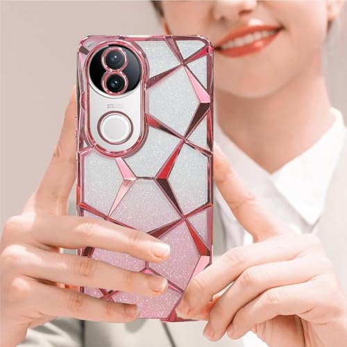 Image of VONZEE Gradient Glitter Case for VIVO V50e, Luxury Electroplated 3D Cube, Diamond Bling Shiny Soft TPU Clear Shockproof Women Girls Protective Phone Cover (Rose Gold)