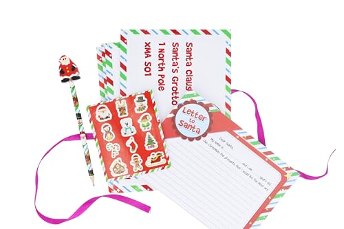 Henbrandt Christmas Letter to Santa Claus 5 Piece Activity Pack for Kids Xmas Writing Set with Sticker Sheet and Pencil with Eraser Christmas Card Stocking Fillers Father Present Wish List