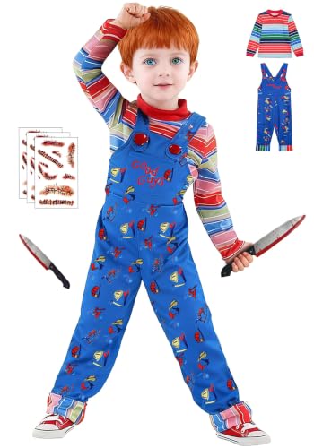 LENOAPHYS Chucky Costume for Kids with Jumpsuit, Rainbow Shirt, Toy Knife and Scar Tattoos