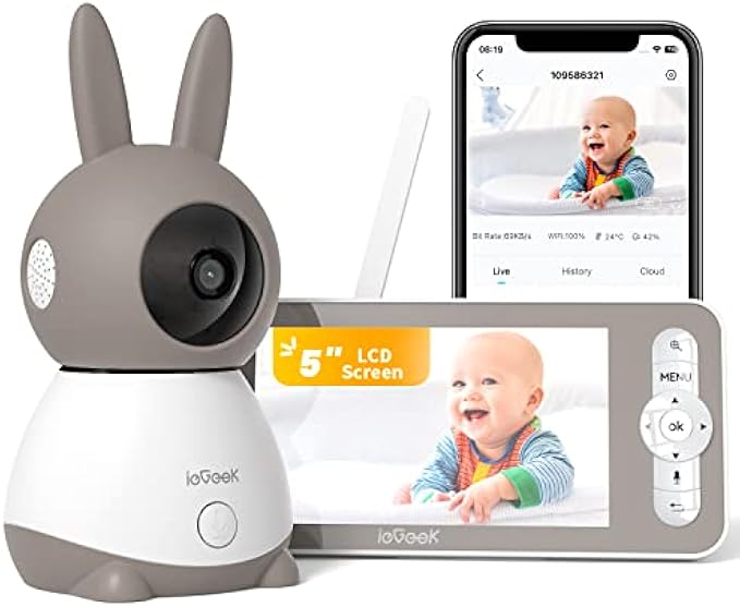 ieGeek Video Baby Monitor 2K WiFi with Phone App, Baby Monitor with Camera and Audio, 5" Display, Night Vision, Motion & Cry Detection, 2 Way Audio Talk, Suitable for Monitoring Baby, Elderly, Pets