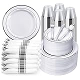 BESTVIP 700PCS Silver Plastic Dinnerware Set for 100 Guests, Disposable Plates for Party, Include: 200 Plastic Plates, 100 Pre Rolled Napkins with Silver Silverware, 100 Cups for Christmas, Halloween