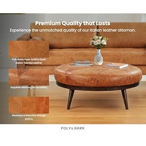 POLY & BARK Gio Modern Leather Ottoman Pouf (Cognac Tan) POLY BARK Gio Modern Leather Ottoman Pouf Cognac Tan