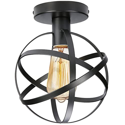 KOONTING Vintage Industrial Semi Flush Mount Ceiling Light, Metal Spherical Ceiling Lamp Light Fixture for Hallway Stairway Porch Bedroom Kitchen, 7.48inch, Black.