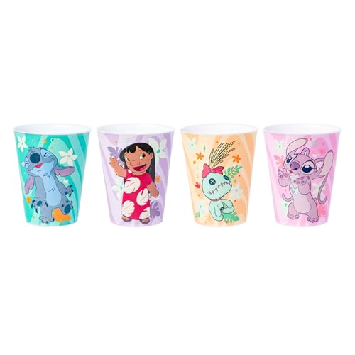 Image of Silver Buffalo Disney Lilo and Stitch 4 Piece Plastic Mini Cup Set Featuring Lilo, Stitch, Scrump, and Angel, 1.5 Ounces