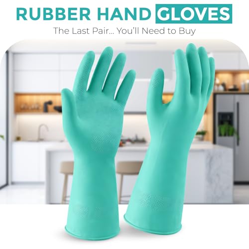Image of LADWA Premium Rubber Cleaning Gloves, Green Color Reusable Waterproof Household Gloves for Kitchen Cleaning, Dishwashing, Gardening and Bathroom Use with Comfortable Grip (Pack of 1 Pair)