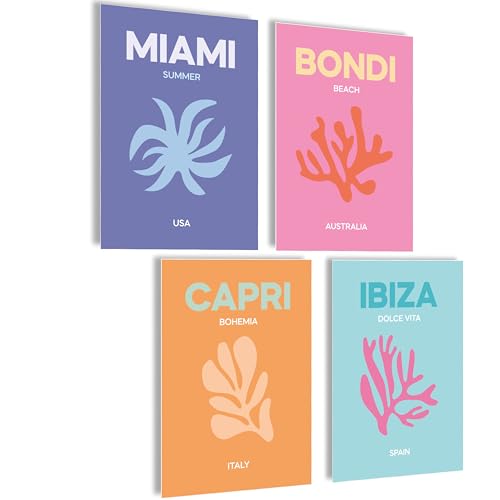 Images en Noir et Blanc de New York - Tableau Mural Ligne d'Horizon avec Miami, Bondi, Capri, Ibiza - Lot de 4 Posters