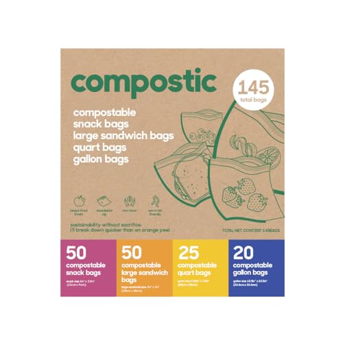 Compostic 100% Home Compostable Resealable Storage Bags (145 Count) – Plant-Based, Microwave & Freezer Safe, BPA-Free, GMO-Free, Certified Non-Toxic Food Storage Bags