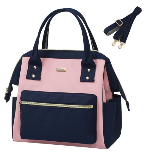 TOMILL Lunch Bag for Women, Bicolor Insulated Lunch Bag Leakproof Cooler Lunch Box Adult Reusable Lunch Tote Bags for Work Picnic Camping Beach (Pink&Dark Blue)