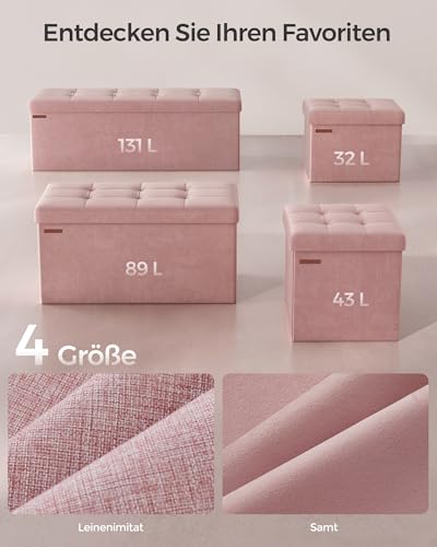 SONGMICS Sitzhocker mit Stauraum, klappbare Sitzbank, 38 x 110 x 38 cm Fußbank, Aufbewahrungsbox, bis 300 kg belastbar, für Wohnzimmer Schlafzimmer Flur, pastellrosa LSF277R01