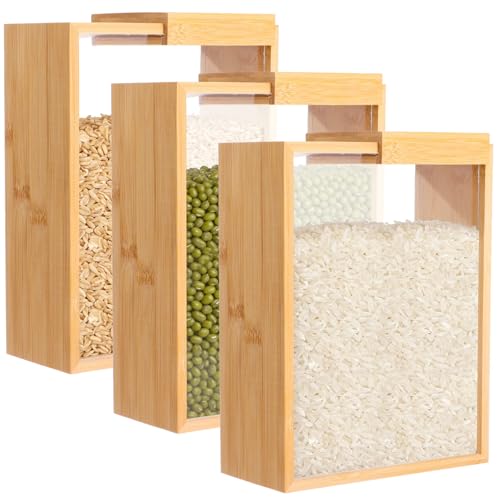 Image of 3 Pcs Wooden Cereal Storage Boxes, 8.7 x 6.8 x 3.1 in Dry Food Dispenser with Slide Lid, Visible Window, Wood Food Storage Container for Kitchen, Pantry Organization