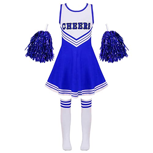 JanJean Kids Cheer Leader Costumes for Girls Sleeveless Cheerleading Uniform Dress Outfit with Stockings 2 Pom Poms Blue 7-8 Years