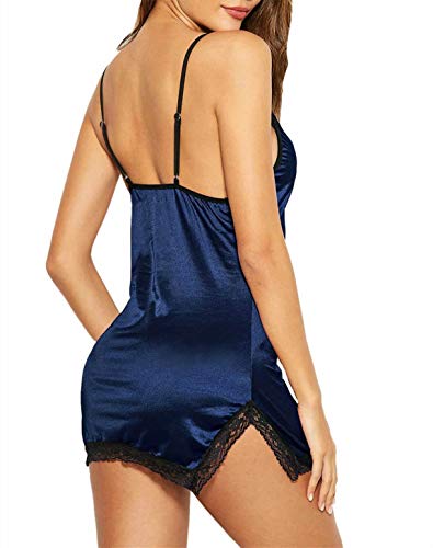 Holagift® Women Sexy Lingerie Sleepwear V Neck Satin Lace Chemise Nightgown Pajama Pyjamas For Teen Old Womens Ladies Woman Silk Pj Pjs High Waist Nightgown Navy Xlarge #TOP1