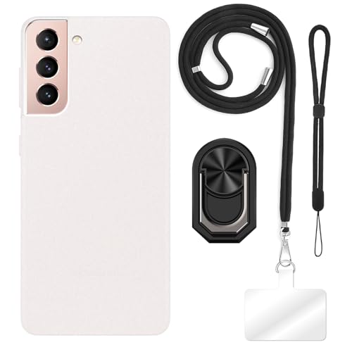 ESCAMOT [4 in 1]Case Compatible with Samsung Galaxy S21 5G with Lanyard, Wrist Strap and Ring Holder, Protective Cover Anti-Drop Secure Travel Kit (White+Black Set)