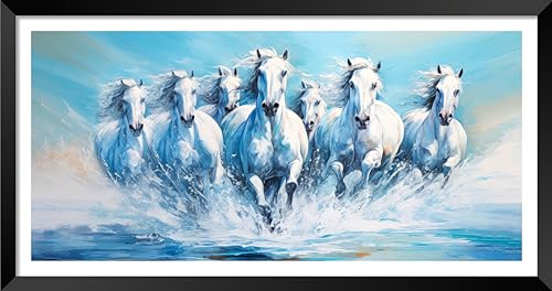 Image of Canvas pe 7 Running Horses Vastu Painting with Frame - White Horses Blue Theme Wall Art for Living Room & Office | Waterproof, 14x26 inch, Synthetic Wood