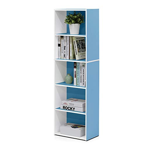 Furinno Luder Estantería Abierta Librería de 5 Niveles, Blanco/Azul Claro