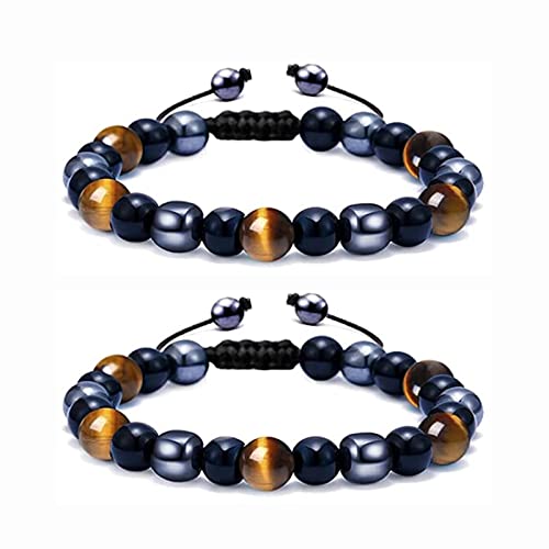 通用 Pulsera de Triple Protección, 2 Piezas Pulsera Elástica de Ojo de Tigre, Pulsera Elástica de Piedra Curativa de Energía de Yoga, Trae Buena Suerte y Prosperidad, Pulsera Unisex de Buena Suerte