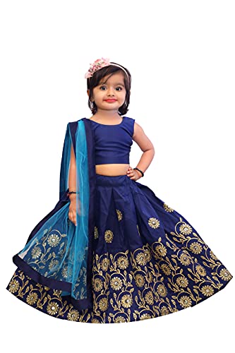Image of Kids Girls Taffeta Silk Top And Lehenga With Net Dupatta| Ethnic Lehenga Choli With Dupatta(Suitable For 2-5 Years)-Blue