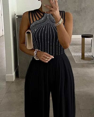 Women's One Piece Jumpsuit Rhinestone Cutout Ruched