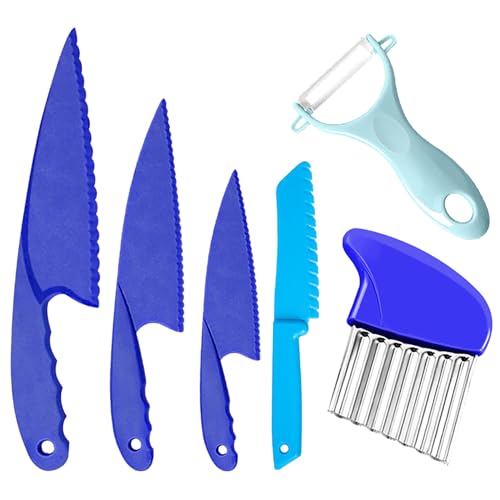 AVIDA ZEN Kids Knife Set for Chopping 6 Pcs-Children Kitchen Knife Set for Cutting-Mini Chef Kids Safety Knives for Toddlers–4 Sizes Knives, 1 Peeler, 1 Crinkle Cutter-for Vegetables, Fruit (Blue)