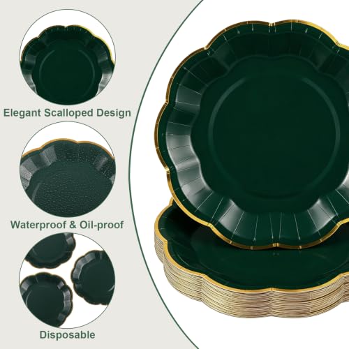 Image of 30 Pcs Green Paper Plates with Gold Trim 7 Inch Scalloped Dinner Plates