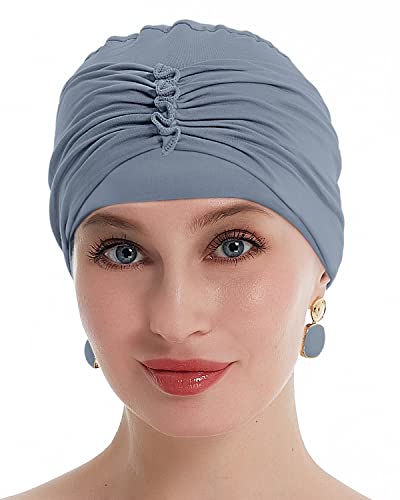 Osvyo Bamboo Soft Chemo Headwear Beanie Cap For Women Hair Loss- Hats For Cancer Handmade Blue Grey #TOP13
