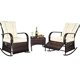 ENSTVER 3 Piece Reclining Wicker Outdoor Lounge Chair Set,Patio Conversation Rocking Chairs Bistro Set with Coffee Table and Beige Cushions