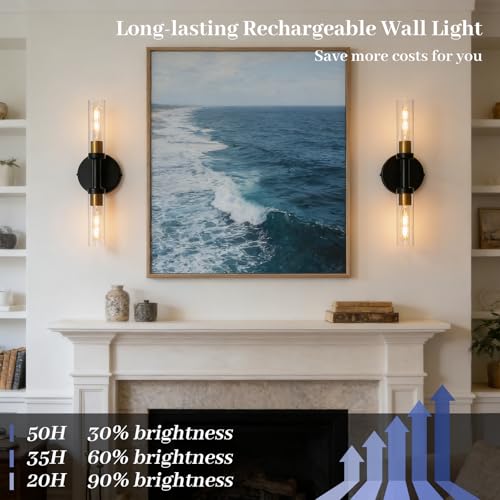 Image of Rechargeable Battery Operated Wall Sconce Set of 2, Dimmable Wall Light with Touch Control, Wireless Bathroom Vanity Lights Over Mirror, Modern Wall Lamp for Living Room Hallway, Black Gold