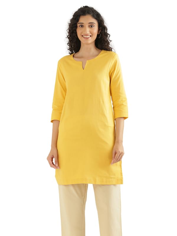 Image of SAADAA Airy Linen Mid Thigh Length Kurta for Women | Stylish Split Neck, 3 /4 Sleeves & Side Pockets | Comfortable Everyday Wear Kurta | Breathable Fabric |